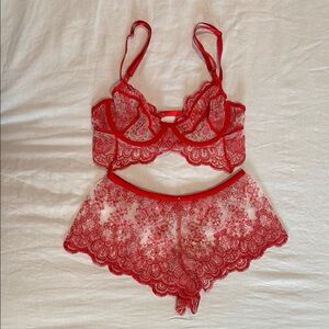Gooseberry Intimates red lace bra and shorts set. Size small.